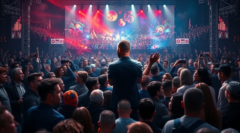 Surrealistyczny tłum na koncercie, potencjalnie wygenerowany przez AI, Will Smith na scenie. Podejrzenie manipulacji.