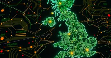 Wielka Brytania jako cyfrowa płyta główna, symbolizująca potencjał w projektowaniu chipów AI.