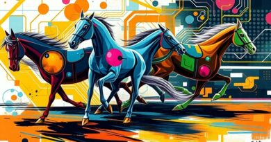 Abstrakcyjna grafika: trzy metaliczne konie (ChatGPT, Gemini, Grok) pędzą po cyfrowym torze, symbolizując wyścig AI.