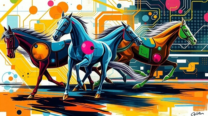 Abstrakcyjna grafika: trzy metaliczne konie (ChatGPT, Gemini, Grok) pędzą po cyfrowym torze, symbolizując wyścig AI.