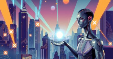 Futurystyczne miasto Groka z reklamami, Art Deco, sztuczna inteligencja, komercjalizacja, złoto, fiolet, błękit.