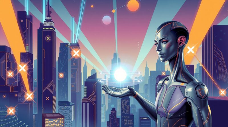 Futurystyczne miasto Groka z reklamami, Art Deco, sztuczna inteligencja, komercjalizacja, złoto, fiolet, błękit.