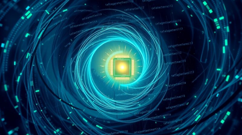 Wir danych w odcieniach błękitu i zieleni zbiegający się na superchipie NVIDIA Grace Hopper.