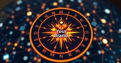 Stylizowana róża kompasowa z logo AI (ChatGPT, Gemini) wskazująca "Twoją Markę" na tle cyfrowych węzłów.