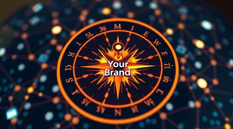 Stylizowana róża kompasowa z logo AI (ChatGPT, Gemini) wskazująca "Twoją Markę" na tle cyfrowych węzłów.