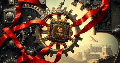 Złożony mechanizm zegarowy symbolizujący USDOC i opóźnioną licencję Nvidii H20 dla Chin.