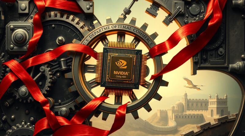 Złożony mechanizm zegarowy symbolizujący USDOC i opóźnioną licencję Nvidii H20 dla Chin.