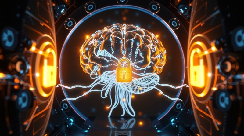 Świecący mózg z obwodów w kryształowym sejfie, klucze API OpenAI, Gemini, Anthropic.