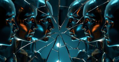 Rozbite lustro z odbiciami zniekształconych twarzy, symbolizujące modele AI i preferencje użytkowników, spajane przez technologię.