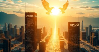 Abstrakcyjne miasto mikroczipów w złocistym świetle symbolizuje handel układami AI między USA a Chinami.