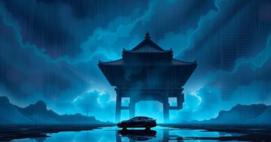 Sylwetka japońskiego dojo na tle burzowej nebuli, cyfrowy deszcz kodu. Tesla w odbiciu, zmierzch AI.