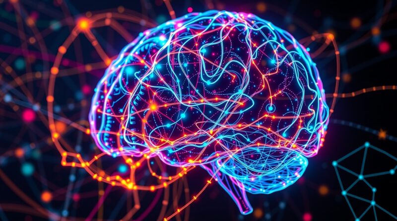 Abstrakcyjny mózg cyfrowy spleciony z siecią świateł, symbolizuje interakcje cech w modelach AI.
