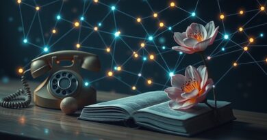 Eteryczna sieć neuronowa rozpoznaje obiekty (telefon, książka, kwiat) w futurystycznej, augmented reality.