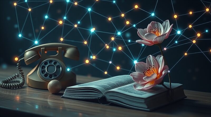 Eteryczna sieć neuronowa rozpoznaje obiekty (telefon, książka, kwiat) w futurystycznej, augmented reality.