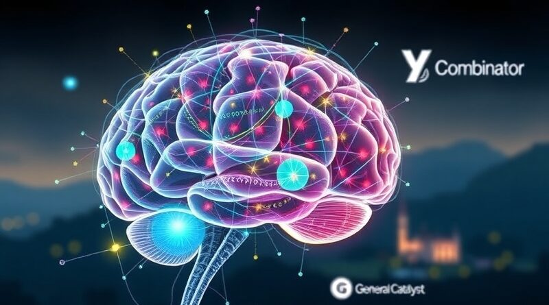 Eteryczny mózg z danych, symbole Stanfordu, Y Combinatora i General Catalyst – wizualizacja startupu Human Behavior.