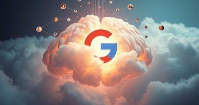 Abstrakcyjny obłok mózgu Google Cloud z AI, otoczony startupami, w cyfrowej deszczu danych.