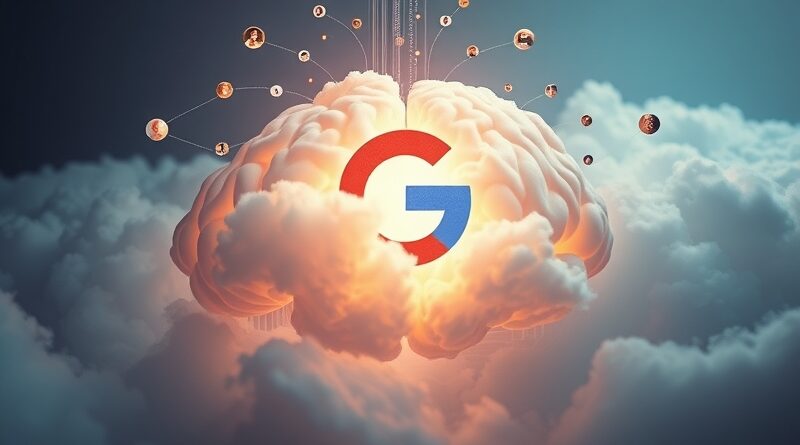 Abstrakcyjny obłok mózgu Google Cloud z AI, otoczony startupami, w cyfrowej deszczu danych.