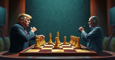Surrealistyczna gra w szachy: Trump, Huang i Starmer rozgrywają przyszłość AI na scenie polityki i biznesu.
