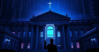 Sylwetka osoby na tle gotyckiego sądu, z kodem AI. Integracja sztucznej inteligencji w sądownictwie.