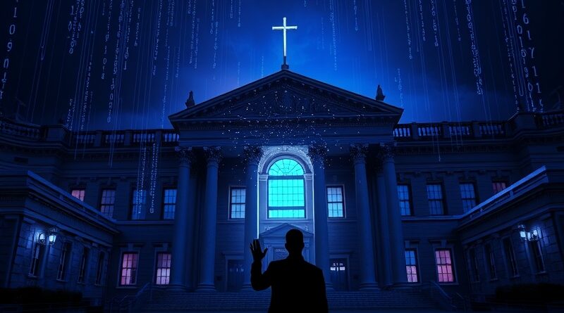 Sylwetka osoby na tle gotyckiego sądu, z kodem AI. Integracja sztucznej inteligencji w sądownictwie.