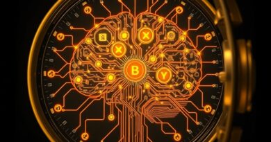 Złoty mózg z obwodów w skarbcu symbolizuje AI w bankowości, sieć, kod i automatyzację.