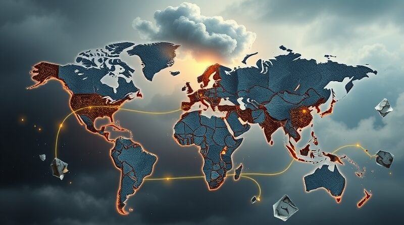 Roztrzaskana mapa świata z krzemowych płytek, handel pod znakiem zapytania, burza nad USA.