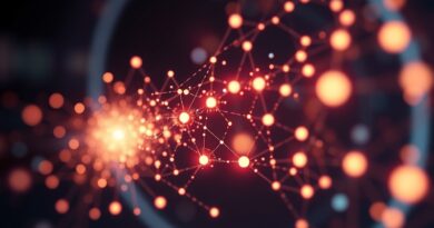 Abstrakcyjna sieć węzłów AI w strumieniu e-maili; cyfrowy system odpornościowy chroniący przed atakami.