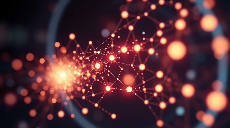 Abstrakcyjna sieć węzłów AI w strumieniu e-maili; cyfrowy system odpornościowy chroniący przed atakami.