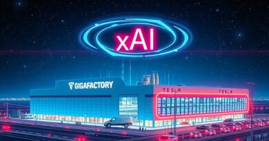 Futurystyczna Gigafactory Tesla połączona strumieniami danych z xAI i Optimusem, symbolizująca inwestycję w AI.