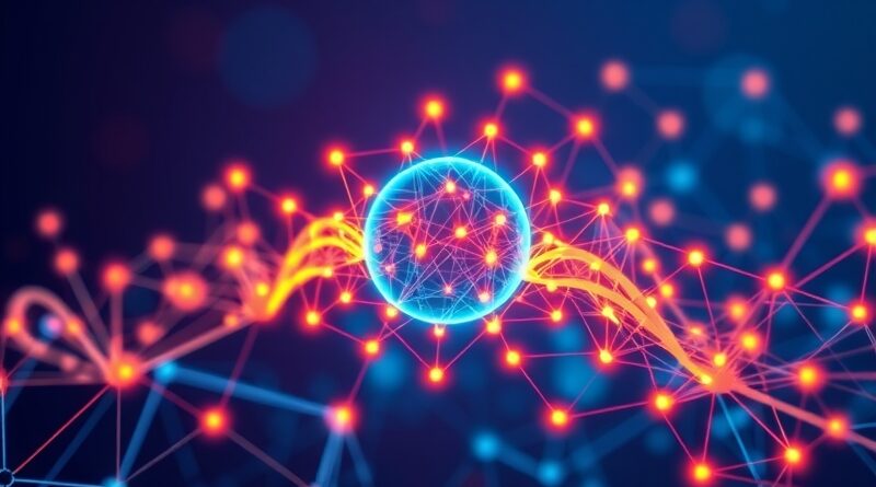 Abstrakcyjna sieć neuronowa w stylu digital art, symbolizująca postęp i moc obliczeniową AI Qwen.