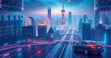 Futurystyczna metropolia (Shanghai?) spleciona z obwodem drukowanym, autonomiczny pojazd. Elektryzujący błękit, fiolet i złoto.