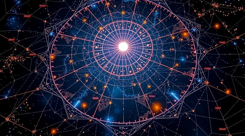 Rozległa, świecąca mapa nieba symbolizująca Qwen3-Max - model AI z bilionem parametrów od Alibaby.