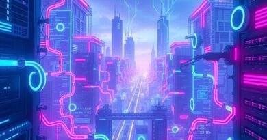 Abstrakcyjna, futurystyczna wizja zarządzania danymi w robotyce: pulsujące dane, robotyczne ramiona, serwery, błękit i fiolet.