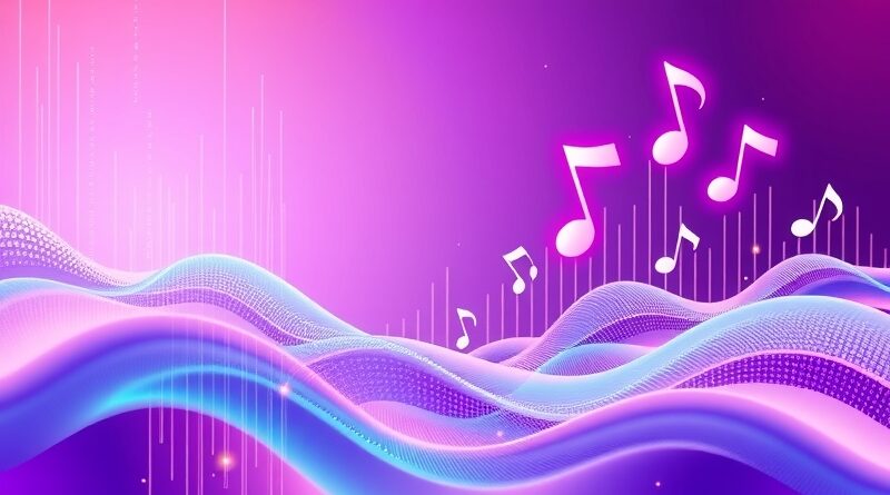 Abstrakcyjne fale dźwiękowe przechodzące w nuty i obwody AI. Pastelowe kolory, neonowe akcenty.