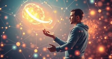 Eteryczny duch AI wspiera przedsiębiorcę w zarządzaniu sprzedażą na Amazonie, w otoczeniu danych i globalnych rynków.