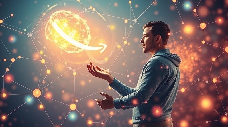 Eteryczny duch AI wspiera przedsiębiorcę w zarządzaniu sprzedażą na Amazonie, w otoczeniu danych i globalnych rynków.