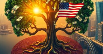 Bajanskie drzewo z korzeniami w elektronice, gałęzie jako flaga USA, symbol sojuszu inwestycyjnego Indie-USA.