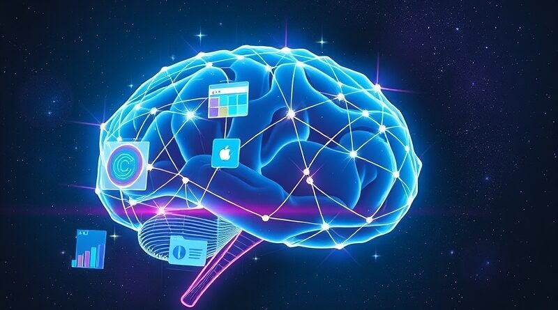 Świecący mózg z kodem generuje interfejs użytkownika z pytaniem: "Co chcesz zbudować?". Kosmiczne tło.