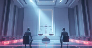 Futurystyczna sala sądowa, AI jako świadkowie, waga sprawiedliwości symbolizuje regulacje sztucznej inteligencji.