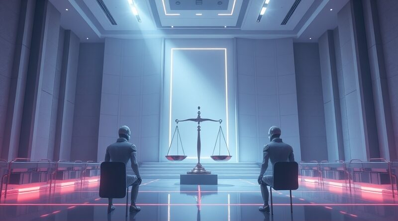 Futurystyczna sala sądowa, AI jako świadkowie, waga sprawiedliwości symbolizuje regulacje sztucznej inteligencji.