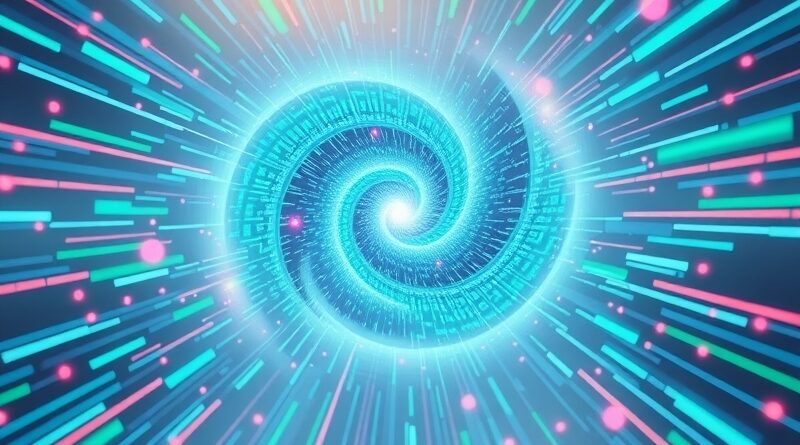 Abstrakcyjny wir światła i danych w pastelowych barwach, symbolizujący szybkie przetwarzanie obrazów FastVLM od Apple.