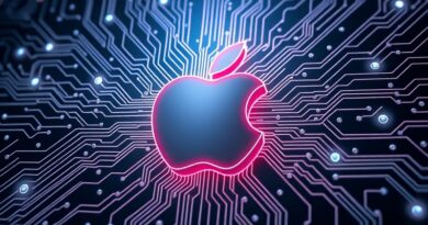 Świecące logo Apple w futurystycznym obwodzie drukowanym, z elementami organicznymi i siecią AI.