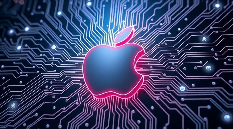 Świecące logo Apple w futurystycznym obwodzie drukowanym, z elementami organicznymi i siecią AI.