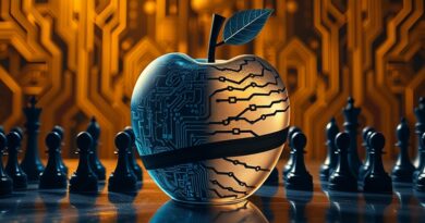 [ "Cyfrowa jabłko z obwodów psuje się pod wpływem politycznej szachownicy. Metafora cenzury w AI Apple." ]