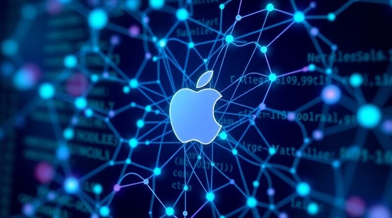 Abstrakcyjna sieć neuronowa z elementami kodu i logo Apple, w odcieniach fioletu, błękitu i zieleni.