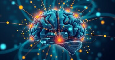 Abstrakcyjna grafika: wirujący mózg z kodu i danych, symbol produktywności developerów. Kolory: chłodne błękity, purpury.