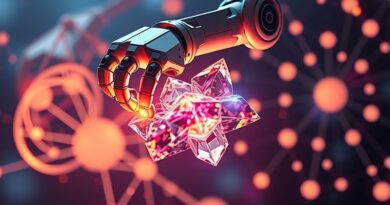 Abstrakcyjne ramię robotyczne syntetyzujące krystaliczną strukturę ze światła, w tle neuralna sieć.