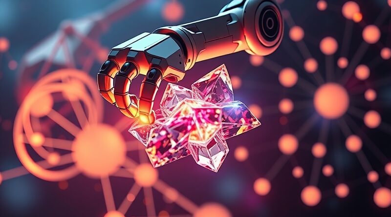 Abstrakcyjne ramię robotyczne syntetyzujące krystaliczną strukturę ze światła, w tle neuralna sieć.