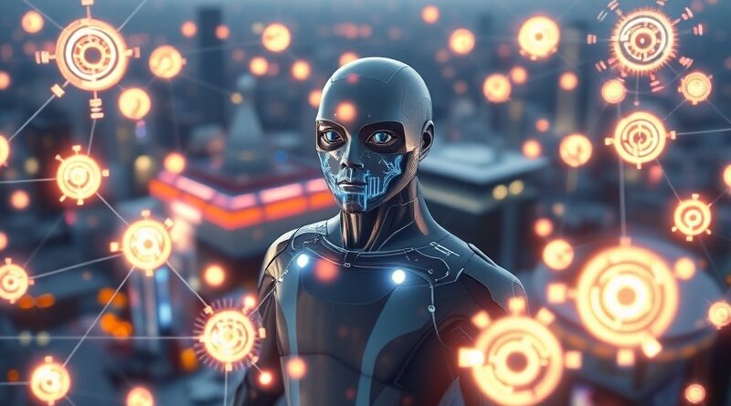 Futurystyczna sieć agentów AI pulsujących energią, nadzorowana wizualizacjami danych; tło: zamazane miasto.