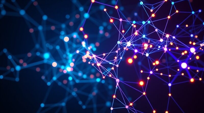 Abstrakcyjna sieć neuronowa: świecące węzły i połączenia w odcieniach niebieskiego, fioletu i żółci symbolizują proces myślowy.